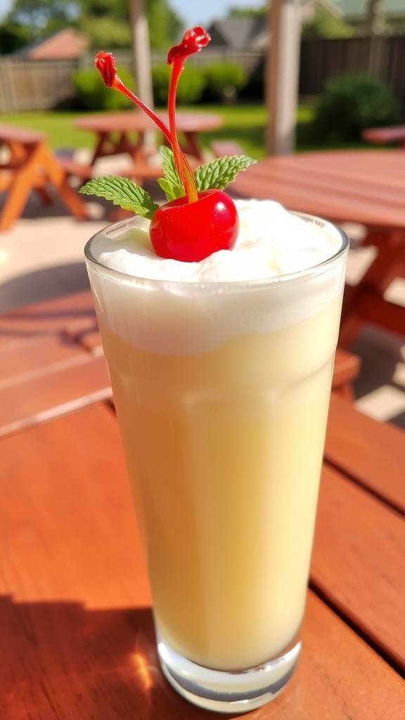 A refreshing 7 Up float ice cream in a glass with vanilla ice cream and soda, garnished with a cherry and mint.
